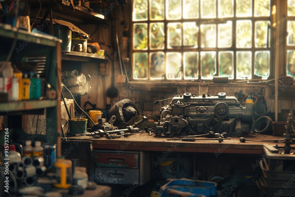 Engine Parts on a Workbench in a Workshop Engine Parts on a Workbench in a Workshop