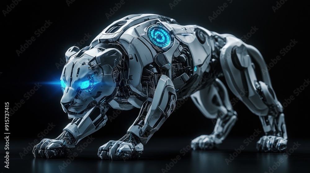 A robotic lion with glowing blue eyes and standing in a dark room. ready to pounce A robotic lion with glowing blue eyes and standing in a dark room. ready to pounce