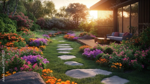 A garden path with stone steps and blooming flowers in a picturesque manicured backyard, creating a beautiful and serene outdoor space with a patio space and outdoor seating with a sofa