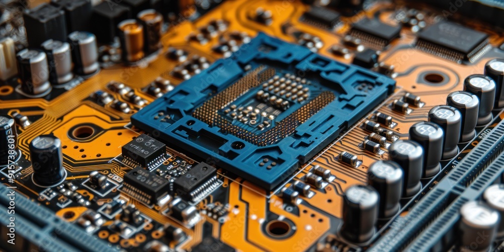 Close-up of a computer circuit board, detailed view. Close-up of a computer circuit board, detailed view.