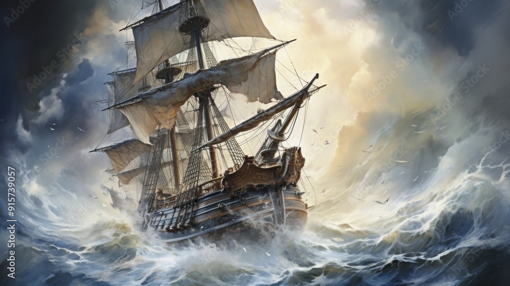 Obraz premium Panoramic watercolor of stormy sea with ship in distress, broken mast, and torn sails