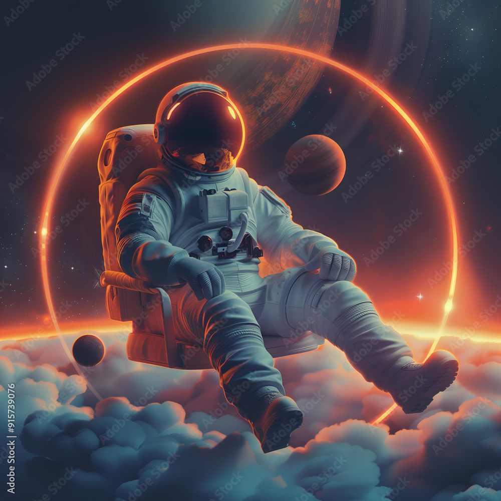 Spaceman or astronaut sitting, surrounded by neon lights Spaceman or astronaut sitting, surrounded by neon lights