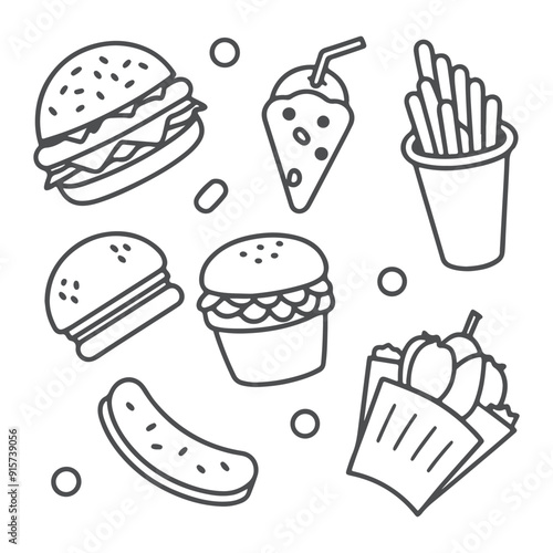 Fast food and drink outline icons doodle