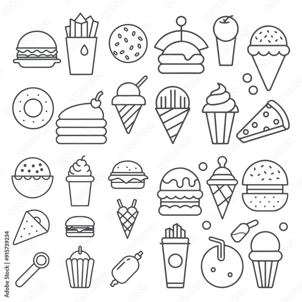 Fast food and drink outline icons doodle Fast food and drink outline icons doodle