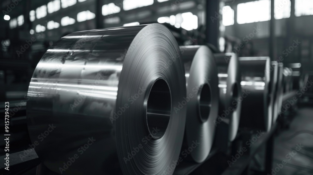 Steel Manufacturing. Shiny Coil of Steel Sheet in Industrial Factory Setting Steel Manufacturing. Shiny Coil of Steel Sheet in Industrial Factory Setting
