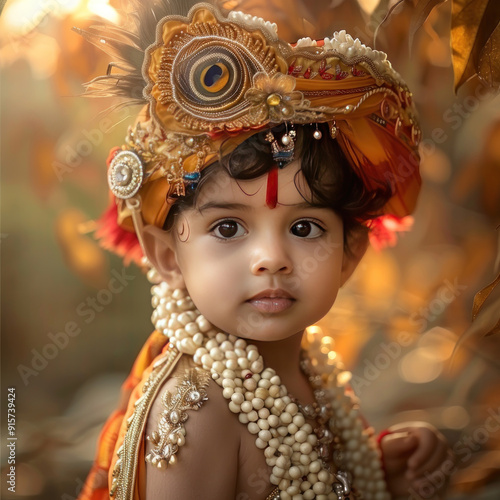 Cute little boy in lord krishna costume. celebrating janmashtami or lord krishna festival. photo