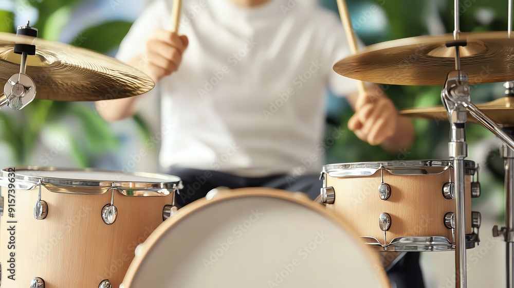 Fototapeta premium A close-up of a drummer playing a light-colored drum set, showcasing energy and rhythm in a vibrant setting.