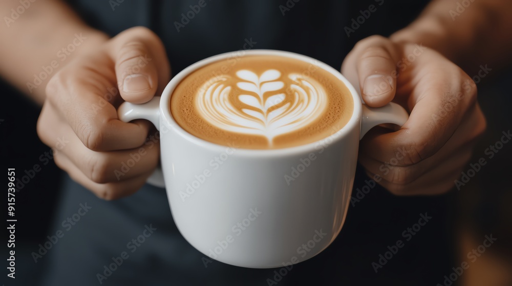 A beautifully crafted latte held in hands, showcasing intricate latte art on top of creamy coffee in a white cup. A beautifully crafted latte held in hands, showcasing intricate latte art on top of creamy coffee in a white cup.