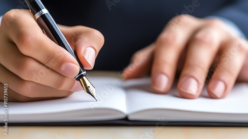 A close-up of a hand holding a pen, writing in a notebook, showcasing creativity and focus for note-taking or journaling.