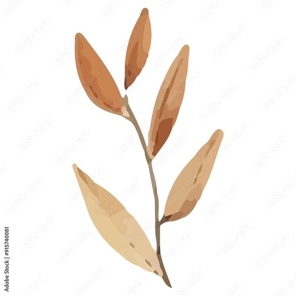 Watercolor illustration of a brown branch with leaves. Watercolor illustration of a brown branch with leaves.