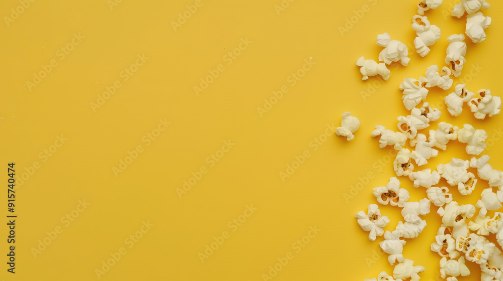Popcorn scattered on a yellow background. A classic movie theater snack. View from above. Popcorn scattered on a yellow background. A classic movie theater snack. View from above.