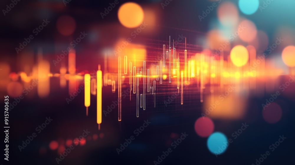 digital stock market chart with candlestick charts and bar graphs, blurred cityscape in the background digital stock market chart with candlestick charts and bar graphs, blurred cityscape in the background