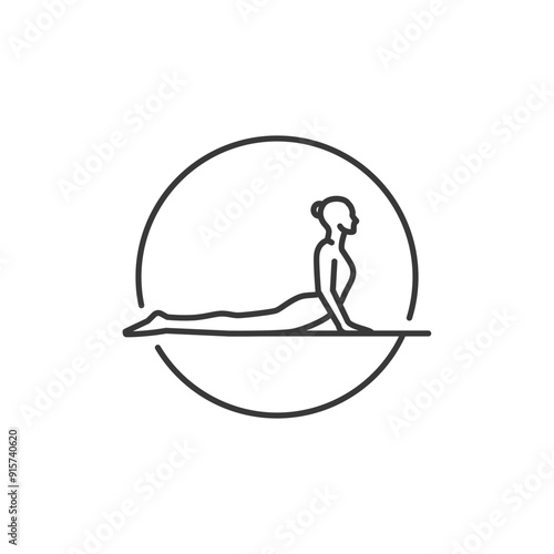 Yoga illustration. Line Woman of upward dog in circle. Pilates Movement Symbol. Woman Gymnastic Signature. Sport Warm Up Graphic Resource. Stretching Exercise, Fitness Studio Logo. Spa lounge