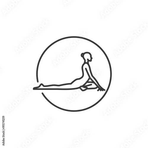 Yoga Pose Icon. Line Woman of pigeon in circle. Pilates Movement Symbol. Woman Gymnastic Signature. Exercise Sport Warm Up Graphic Resource. Stretching Exercise, Yoga Pilates Studio Logo. Spa lounge.