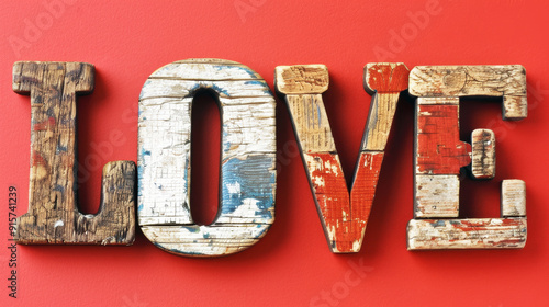 Vintage Wooden Letters Forming the Word LOVE on Red Background