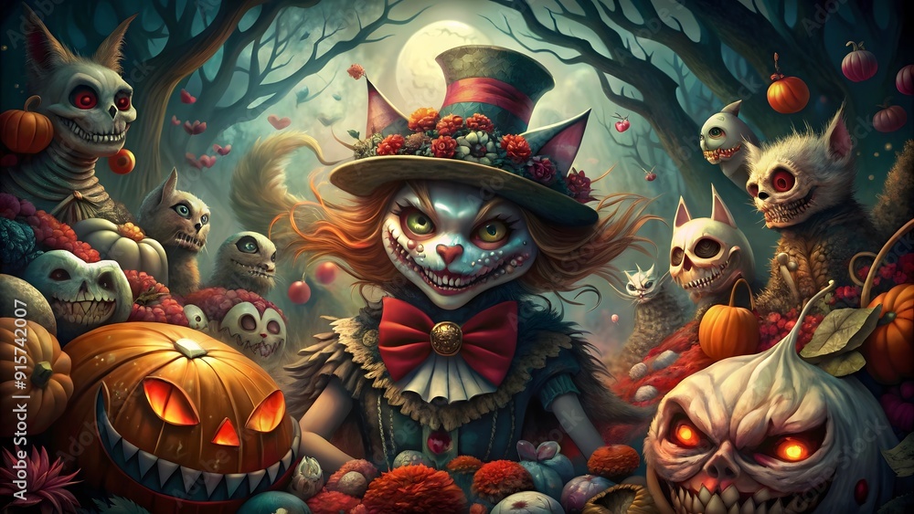Fototapeta premium Happy Halloween pumpkins bats, ghosts, spiders on background AI generated