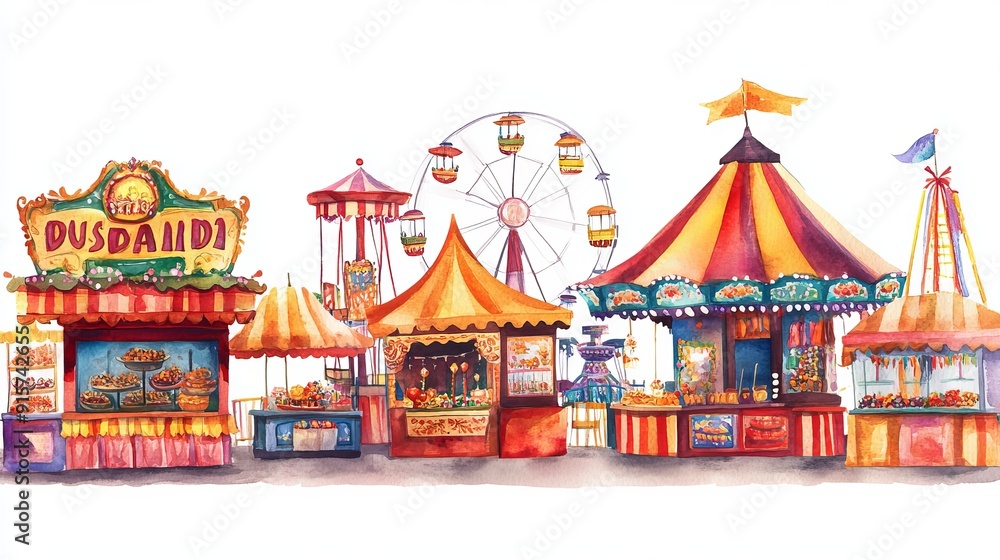 Naklejka premium Vibrant 3D Watercolor Dussehra Fair with Rides and Food Stalls | Festive Illustration