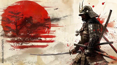 Japanese samurai battle portrait on traditional ornamented carpet in watercolor painting