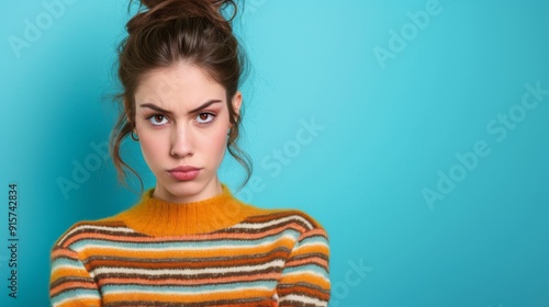 Woman looking suspiciously at camera on blue background photo