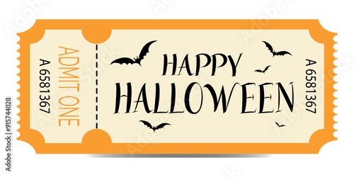 Ticket to Halloween. Festive and spooky ticket for the Halloween celebration with with bats. Retro holiday ticket design. 