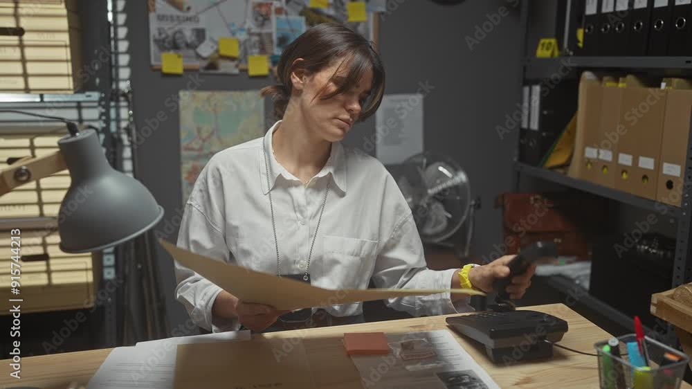 custom made wallpaper toronto digitalAdulthood woman detective holds document and phone in police station office, symbolizing investigation and law enforcement work.