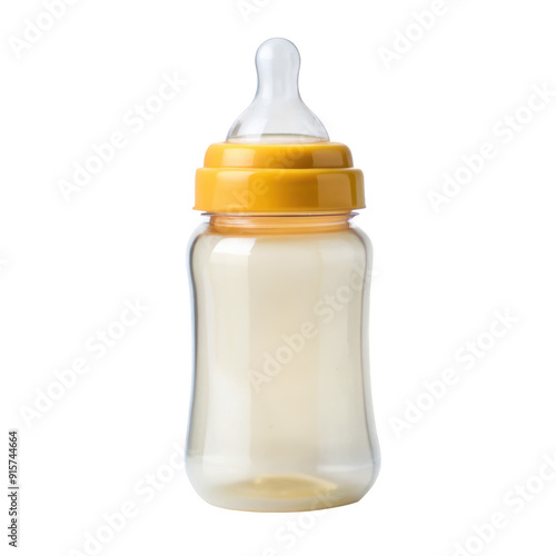 Yellow baby bottle filled with milk, featuring a clear silicone nipple and a sturdy design. Perfect for infant feeding and childcare product advertisements. Isolated on transparent background, png.