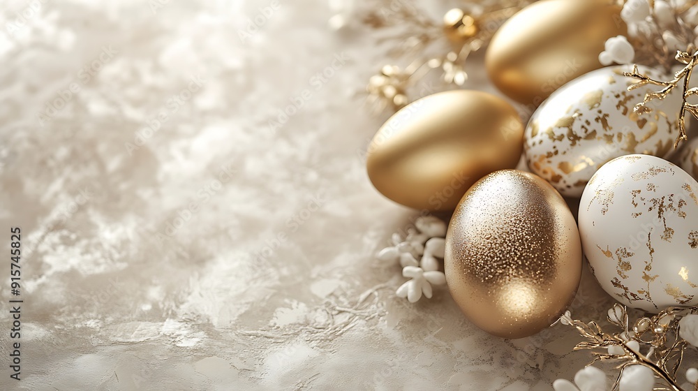Golden and White Easter Eggs with Delicate Branches Golden and White Easter Eggs with Delicate Branches