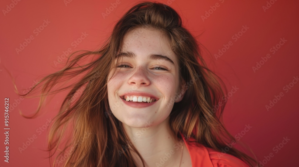 Joyful young woman with freckles and flowing hair smiling in a red outfit Joyful young woman with freckles and flowing hair smiling in a red outfit