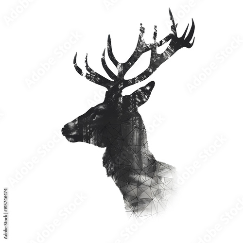 Deer head on white background with double exposre effect photo