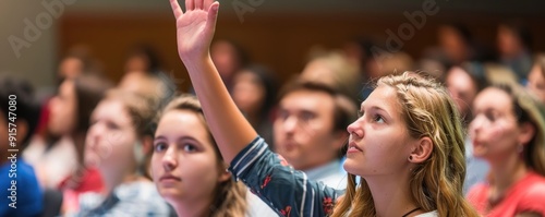 A highly engaged student raising his hand to participate in a diverse classroom, highlighting eagerness and active involvement in the learning process photo