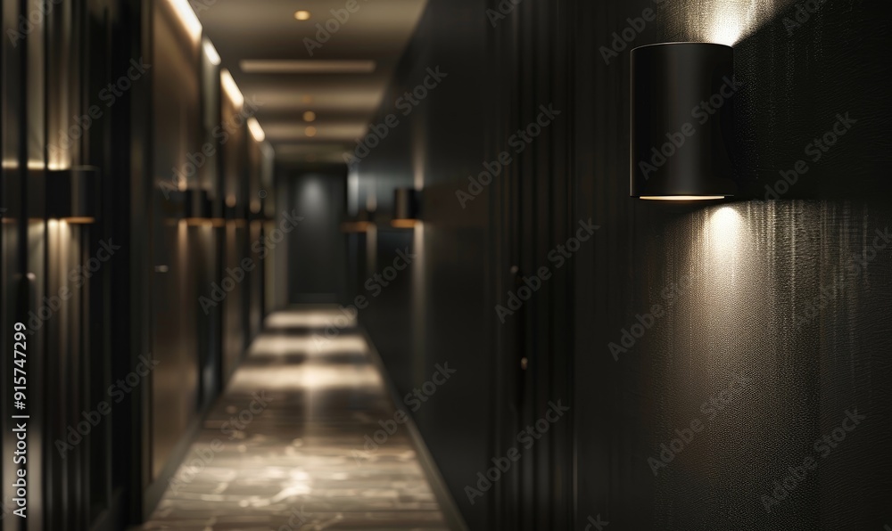 A serene hotel corridor featuring elegant, modern wall lights casting soft illumination on dark walls and carpeted floor, creating a calm, luxurious atmosphere suitable for relaxation A serene hotel corridor featuring elegant, modern wall lights casting soft illumination on dark walls and carpeted floor, creating a calm, luxurious atmosphere suitable for relaxation