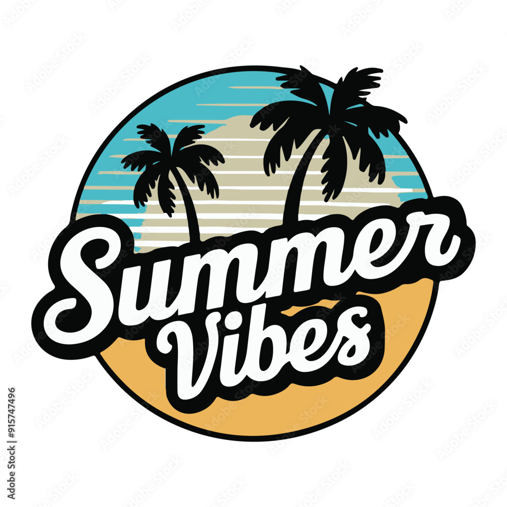 Fototapeta premium Summer Vibes: Tropical Design with Palm Trees and Retro Text