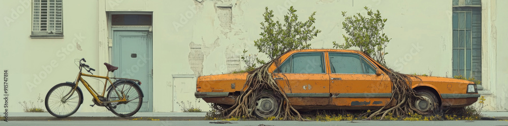 World Car Free Day. Old broken car with tree roots and plants. World Car Free Day. Old broken car with tree roots and plants.