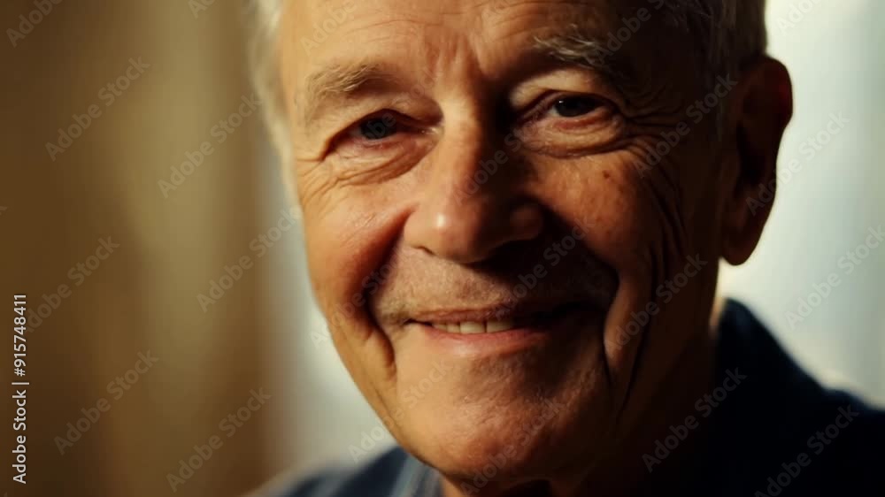 Close-up headshot of a senior man, showing a mix of happiness and contemplation as he smiles, reflecting on retirement and life changes Close-up headshot of a senior man, showing a mix of happiness and contemplation as he smiles, reflecting on retirement and life changes