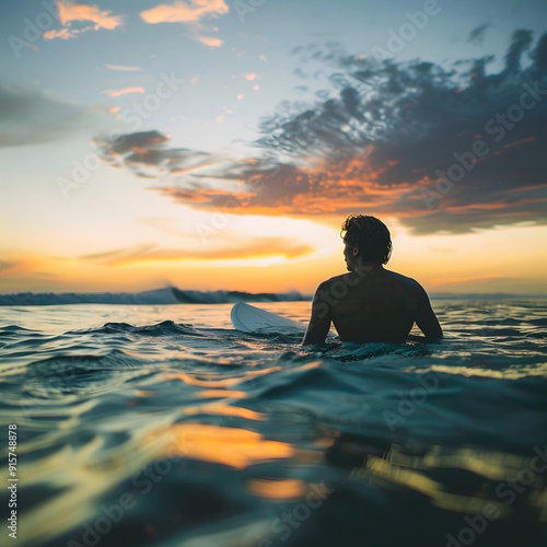 Illustration of A surfer sitting on their board in the ocean, eyes closed, embracing the moment before riding the next wave. Ai Generate.
