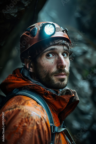 A resolute adventurer equips himself with a headlamp, braving the challenges of a dark cave while rain-soaked and ready for exploration. photo