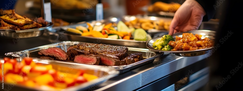 Fototapeta premium A vibrant and colorful photograph captures an event featuring the delicious food at the buffet line in the banquet hall