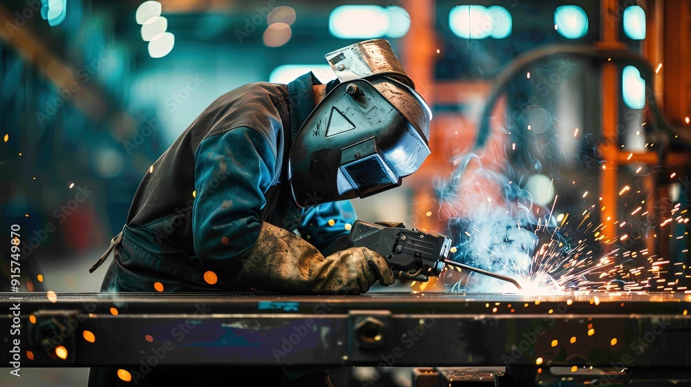 Welder at Work, Welding of Metal Parts at Industrial Plant Welder at Work, Welding of Metal Parts at Industrial Plant