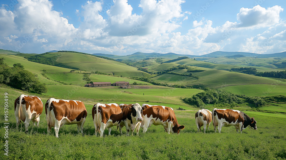 Idyllic Countryside Landscape with Grazing Cows on Green Hills Idyllic Countryside Landscape with Grazing Cows on Green Hills