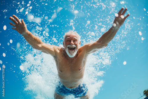 Joyful Senior Man Splashing into Pool, Underwater Perspective with Outstretched Arms photo