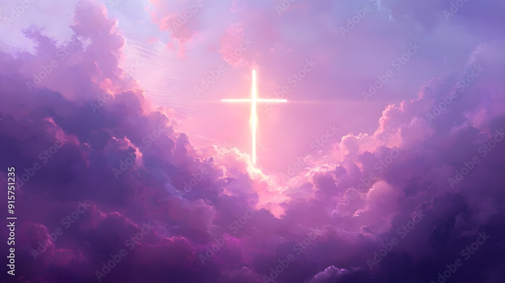 A cross with clouds behind it, shining light in the sky. The background is an abstract painting of purple and yellow colors. A cross with clouds behind it, shining light in the sky. The background is an abstract painting of purple and yellow colors.
