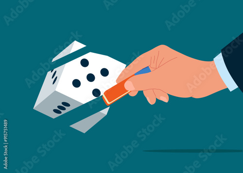 Businessman removed dice with eraser. Modern vector illustration in flat style. 