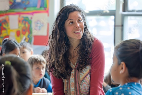 Illustration of A teacher in a lively classroom, guiding students with both energetic enthusiasm and deep emotional understanding. Ai Generate.
