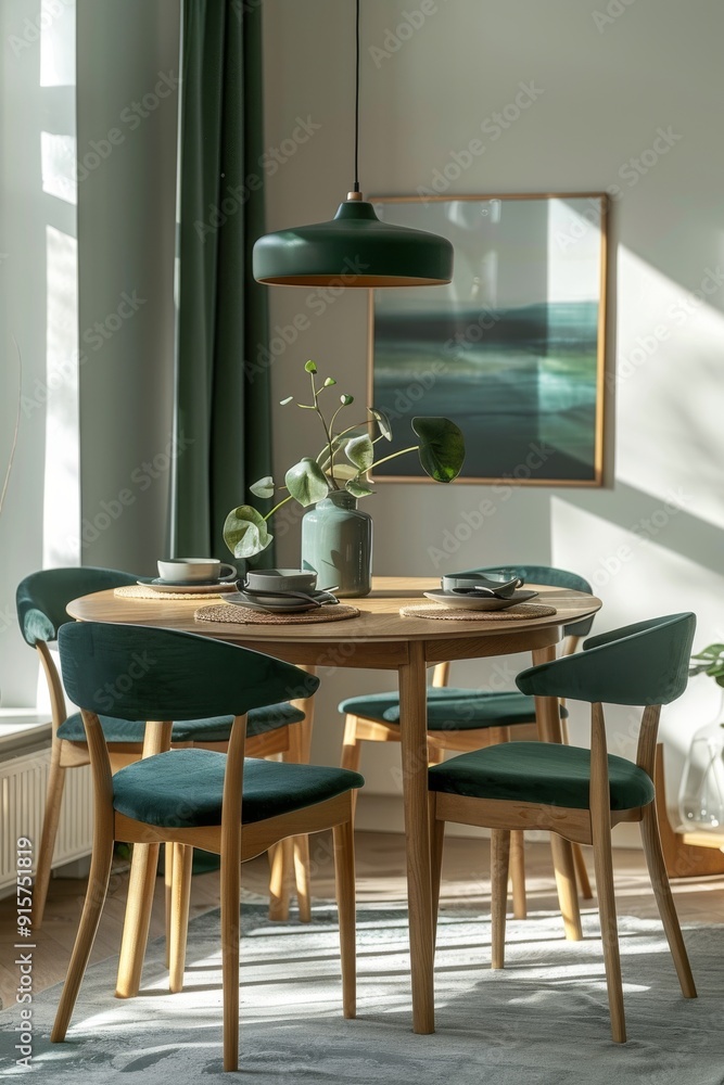 Modern Scandinavian dining room with green accents and wooden furniture Modern Scandinavian dining room with green accents and wooden furniture