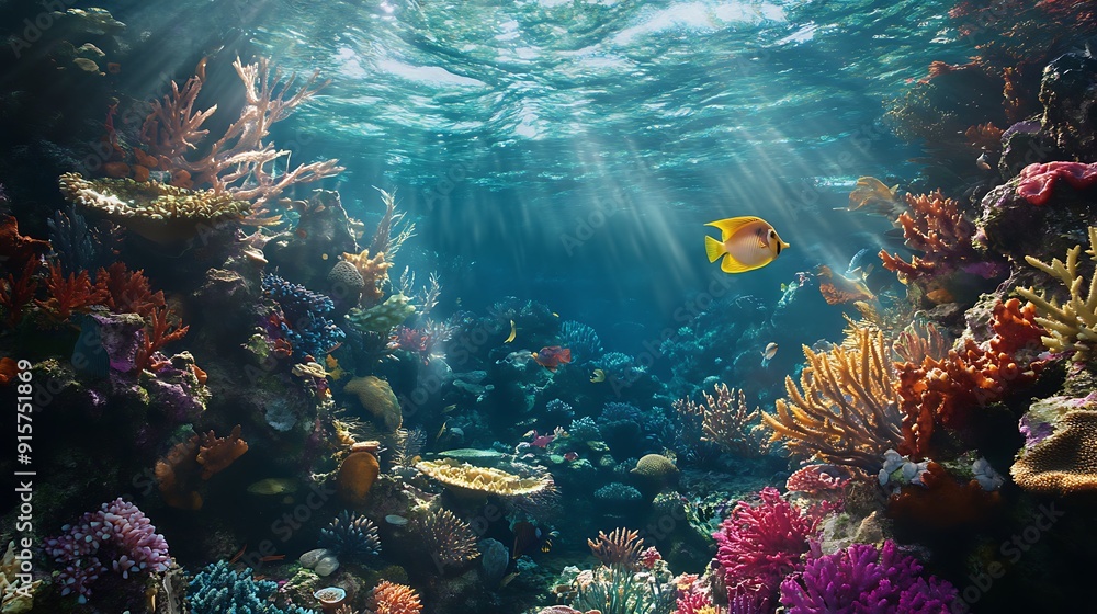 Fototapeta premium Underwater Scene with Sunbeams Illuminating Vibrant Coral Reef and Fish
