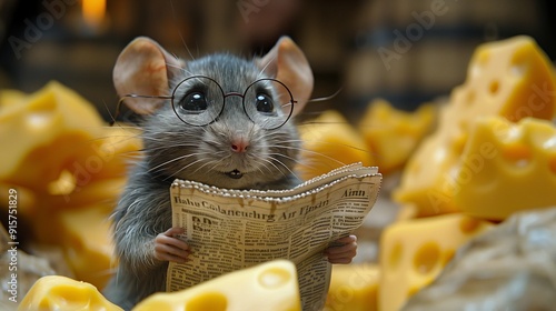 mouse with glasses reading newspaper with cheese in background . Generative AI