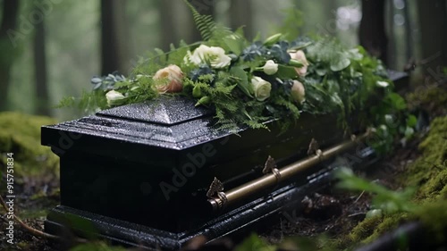 Flowers on a coffin in the funeral or burial services at cemetery, casket with flowers

 photo