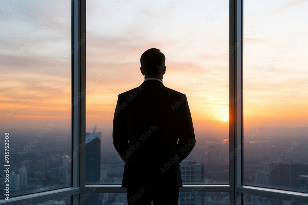 A businessman gazes at a stunning sunset from a skyscraper, symbolizing success and opportunity in a modern city landscape. A businessman gazes at a stunning sunset from a skyscraper, symbolizing success and opportunity in a modern city landscape.