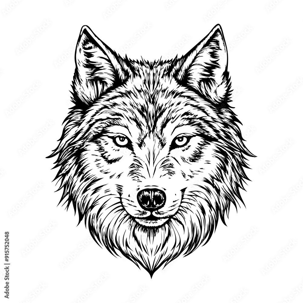 Wolf's face close-up, capturing the texture of fur and sharp gaze, on a white background. Wolf's face close-up, capturing the texture of fur and sharp gaze, on a white background.