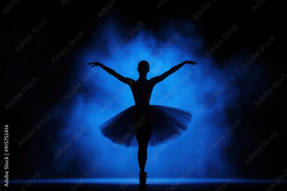 A graceful ballet dancer in silhouette, poised elegantly against a stunning blue fog backdrop, capturing the beauty of movement. A graceful ballet dancer in silhouette, poised elegantly against a stunning blue fog backdrop, capturing the beauty of movement.